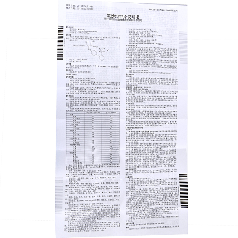 【科素亚氯沙坦钾片100mg】说明书_作用_价格_功效_科素亚-再康网